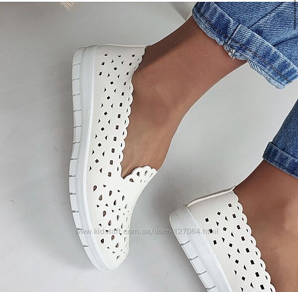 Мокасины женские, белые, весна, лето, эко-кожа