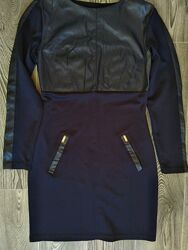 Платье с кожаными вставками темно-синие р. 44-46