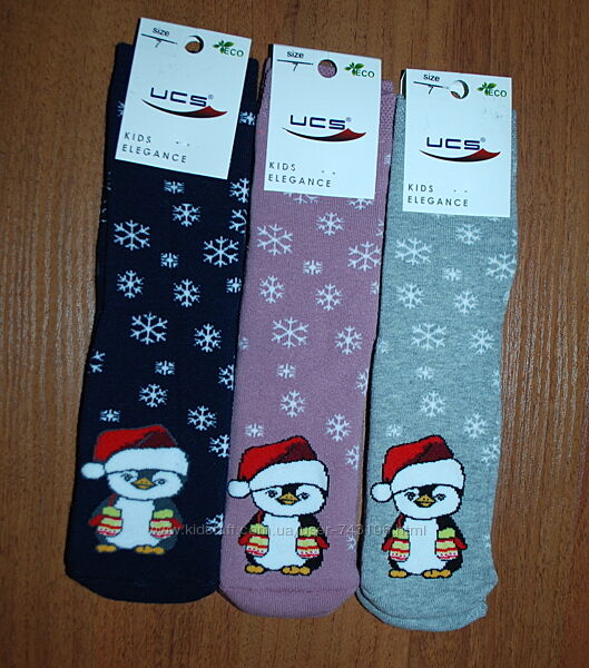 Теплі махрові шкарпетки 3, 5, 7 юск ucs новорічні сніжинки пінгвін