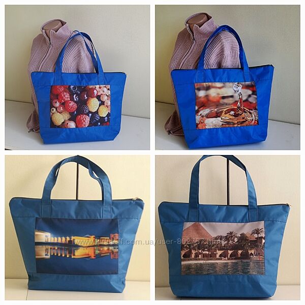 Сумка шопер з принтом блакитна водонепроникна на змійці розпродаж