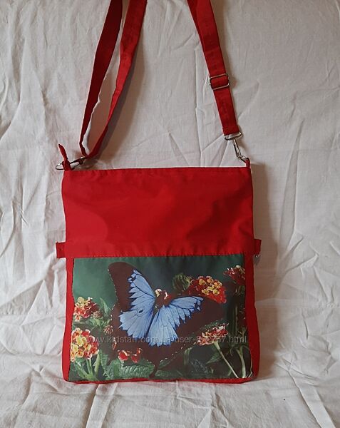 Сумка клатч тканинна червона легка з принтом кишеня довга ручка недорого