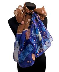 Ручний розпис шовковий шарф Птахи синиці, листя, натуральний шифон.
