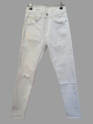Белые джинсы bershka super skinny с высокой талией и рваным коленом, р.38 б