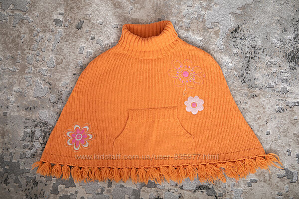Шерстяное оранжевое пончо,  свитер с вышевкой и горловиной,  3-4 года.