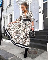 Платье H&M до икры из атласа с рисунком и воротником, пуговичная планка, дл