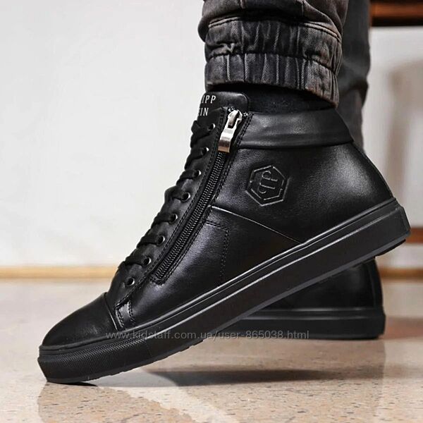 Зимние кожаные ботинки, кроссовки на меху Philipp Plein Zipper Leather