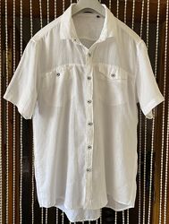 OLLY GAN мужская льняная белая рубашка сорочка с коротким рукавом