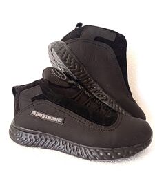 Мужские зимние кожаные теплые кроссовки Jordan черные с серыми логотипами