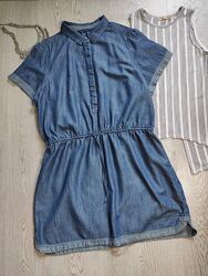 Синее голубое джинсовое сарафан короткое платье рубашка короткий рукав нату