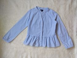 Женская голубая короткая рубашка блуза кроп топ с баской длинный рукав