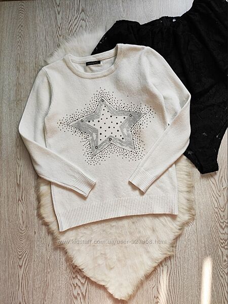 Белый натуральный свитер кофта джемпер с блестящей звездой стразами камнями