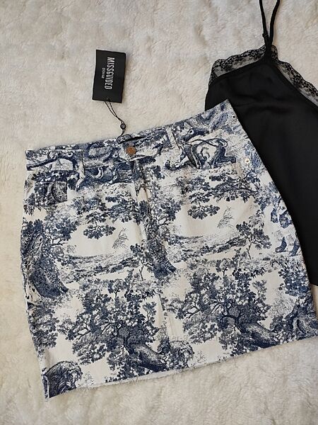 Белая с синим принтом джинсовая юбка стрейч с рисунком карманами мини юбка 