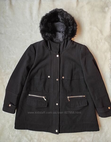 Черное длинное короткое теплое пальто деми с капюшоном на молнии на замке с