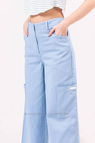 Широкие легкие брюки карго голубого цвета для девочек 8-13 лет