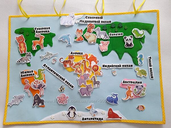 Карта мира из фетра на стену. Животные, материки, океаны. Купить. На липучке