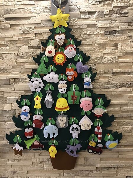 Новогодняя елка из фетра на стену с игрушками на липучках 100 см, 26 игрушек на липучке