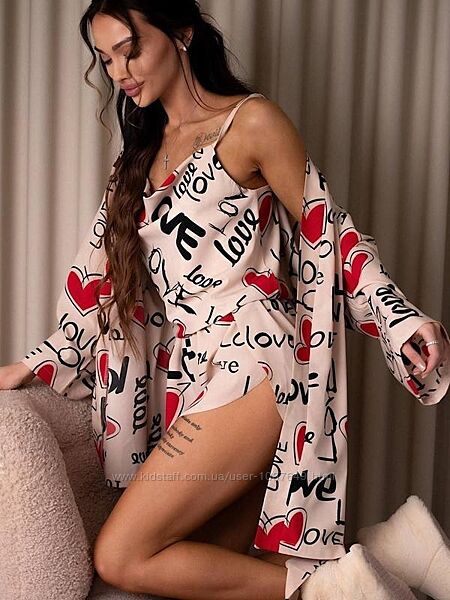 Женская летняя пижама 3-ка тройка домашний костюм  халат, майка, шорты  