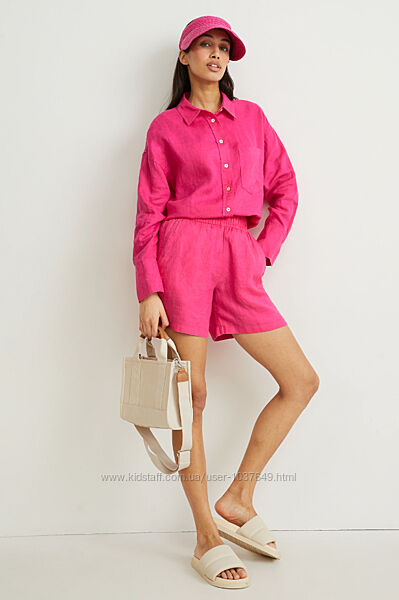 Женский костюм рубашка шорты лён Zara 2 цвета розовый бежевый