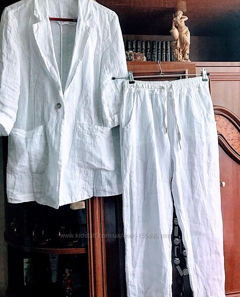 Белый итальянский льняной костюм, жакет, брюки, 46 р