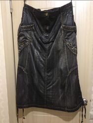 Юбка, черный полированный ламинированный джинс 48-50