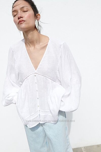 Льняна блуза оверсайз з кружовом Zara 