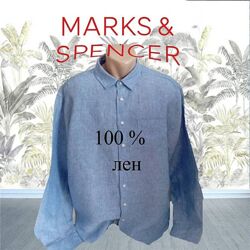 M&S Льняная мужская рубашка длинный рукав меланж голубой XL