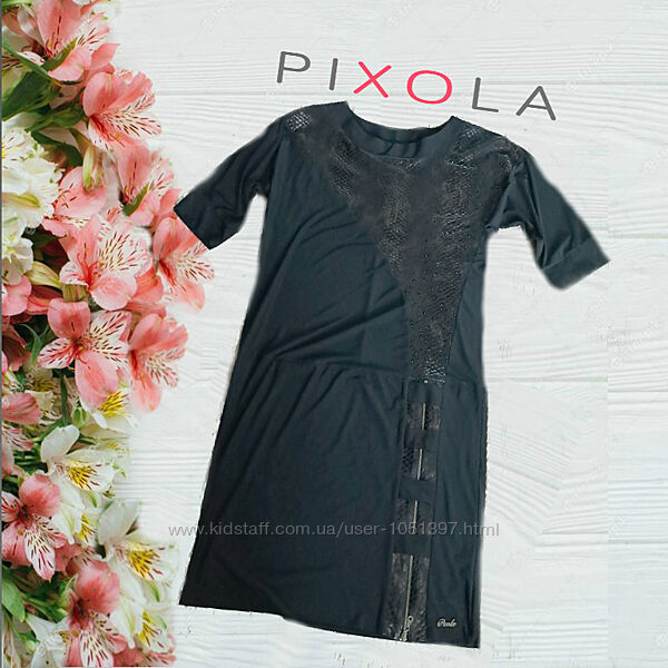 Pixola Стильное женское платье туника черное с отделкой 48-50 Польша