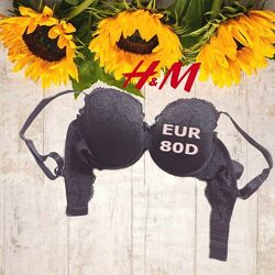 H&M EUR 80D Бюстгальтер кружевной поролон косточка силикон черный 