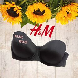 H&M EUR 80D Бюстгальтер без шлеек поролон бесшовный косточка силикон черный
