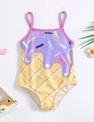 Цільні купальники бузково-жовті ріст 120 і 130 см