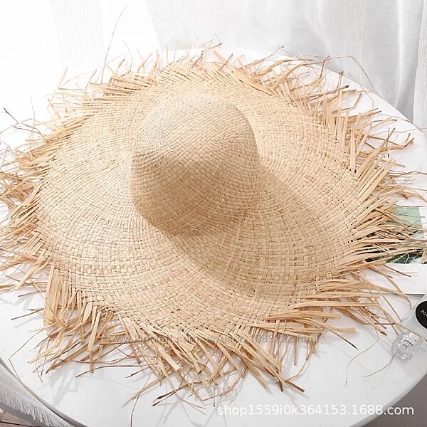 Соломенная пляжная шляпа, летняя шляпа рафия с широкими полями и бахромой