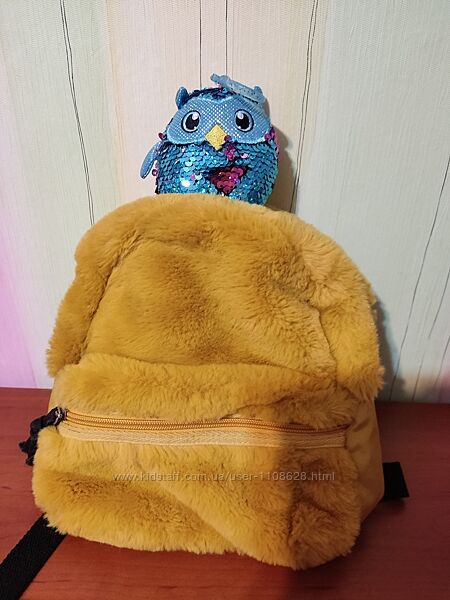 Рюкзак пушистый жёлтый mango kids в подарок брелок сова для девочки