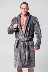 Теплий довгий сірий халат для чоловіків махровый плюш вел софт