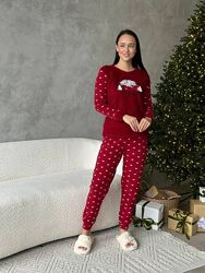 Do3317 тепла піжама фліс махра кофта та штани червона з котиком