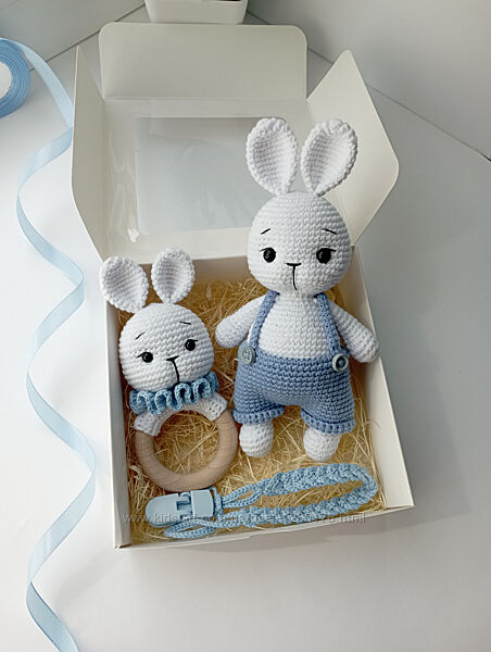 Подарочный набор для новорожденных, вязаная игрушка Зайка зайчик, погремушк