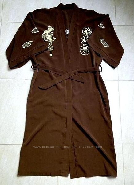 Женский халат-кимоно , широкий рукав с золотой оригинальной вышивкой дракон
