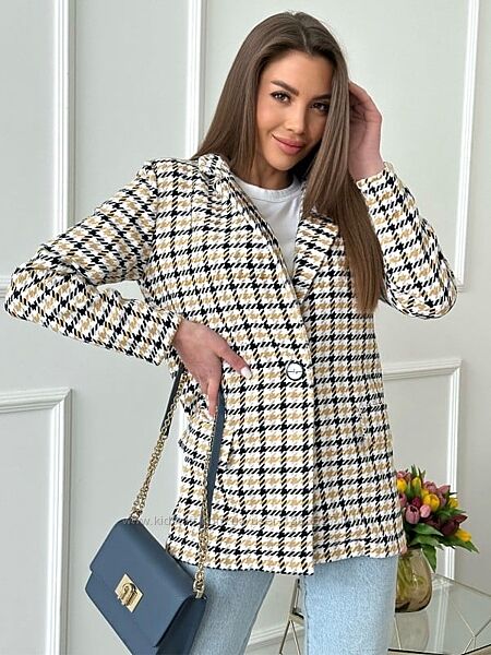 Класичний піджак жіночий твідовий жакет картатий з твіду 13806