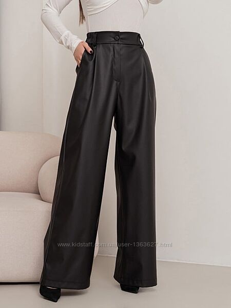 Чорні шкіряні штани широкі брюки вільного крою 14451 палаццо висока посадка