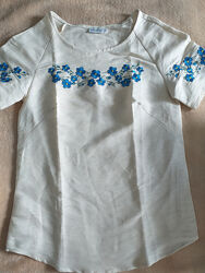 Блуза льняная с полевыми цветами, вышиванка 44 синее цветы от производителя