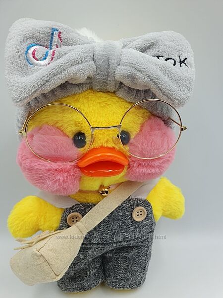 М&acuteяка іграшка жовта качечка Сafe-mimi duck в сірому комбінезоні та пов&acuteязка