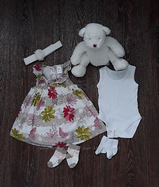 Летний комплект боди, платье Next, первая игрушка для новорожденной девочки