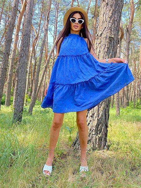 Очаровательное синее летнее платье из натуральной ткани, р. S