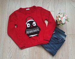 Червоний светр з пінгвіном, S