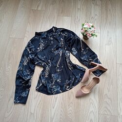 Винтажная синяя блуза в цветы, XL