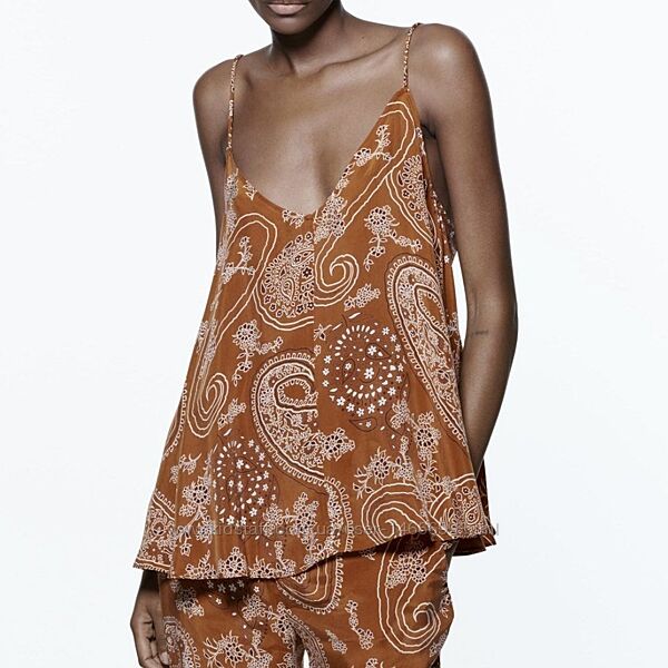 Топ, майка на тонких бретелях zara, принт пейслі, турецький огірок