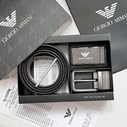Двухсторонний кожаный ремень Armani с двумя пряжками. Шкіряний ремінь. NEW