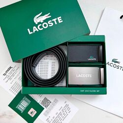 Кожаный мужской ремень с двумя пряжками автомат Lacoste. Шкіряний ремінь.
