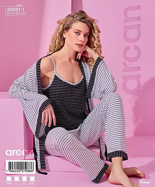 Пижама женская, домашний костюм. Комплект 3в1 халат майка штаны. Турция.