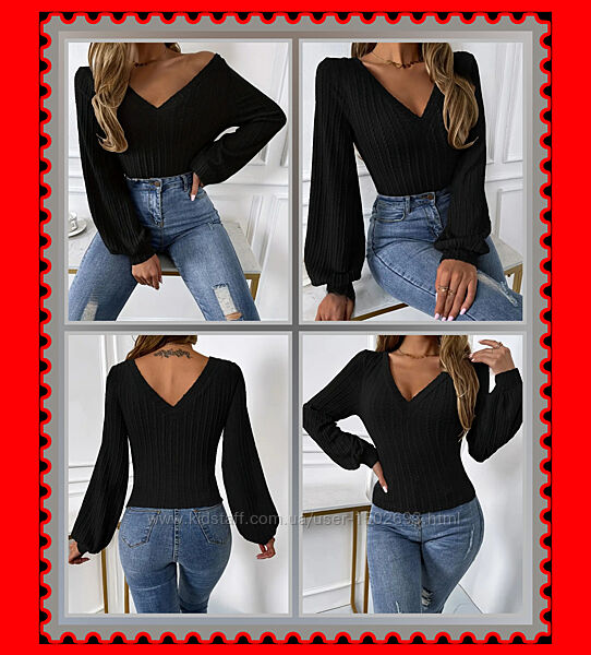 Вязаный жаккардовый топ с V-образным вырезом и рукавами-фонариками