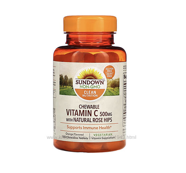 Sundown Naturals, Жевательный витамин C с натуральным шиповником, апельсин